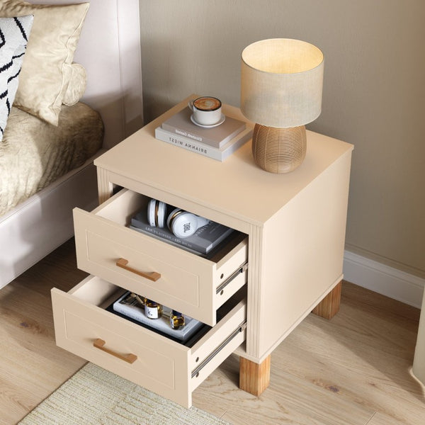 English Elm 2 Drawer Nightstand Fluted MDF Body Solid Wood Legs Sleek Metal Pulls Bedside Storage Beige W1445P586096