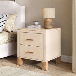 English Elm 2 Drawer Nightstand Fluted MDF Body Solid Wood Legs Sleek Metal Pulls Bedside Storage Beige W1445P586096