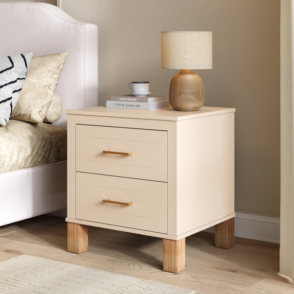 English Elm 2 Drawer Nightstand Fluted MDF Body Solid Wood Legs Sleek Metal Pulls Bedside Storage Beige W1445P586096