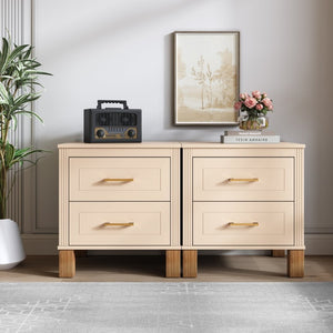 English Elm 2 Drawer Nightstand Fluted MDF Body Solid Wood Legs Sleek Metal Pulls Bedside Storage Beige W1445P586096