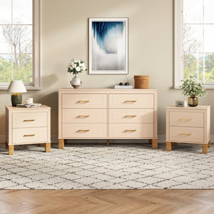 English Elm 2 Drawer Nightstand Fluted MDF Body Solid Wood Legs Sleek Metal Pulls Bedside Storage Beige W1445P586096