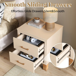 English Elm 2 Drawer Nightstand Fluted MDF Body Solid Wood Legs Sleek Metal Pulls Bedside Storage Beige W1445P586096