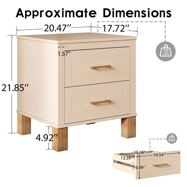 English Elm 2 Drawer Nightstand Fluted MDF Body Solid Wood Legs Sleek Metal Pulls Bedside Storage Beige W1445P586096