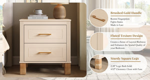 English Elm 2 Drawer Nightstand Fluted MDF Body Solid Wood Legs Sleek Metal Pulls Bedside Storage Beige W1445P586096