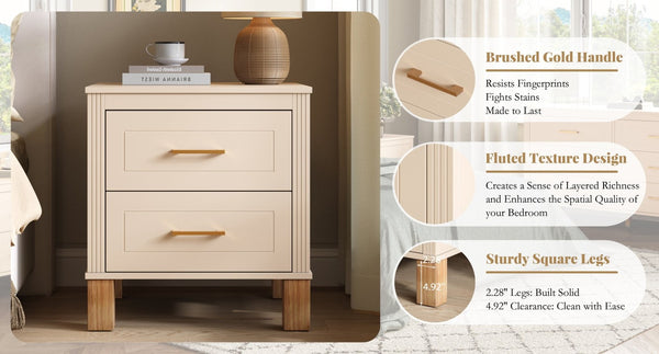 English Elm 2 Drawer Nightstand Fluted MDF Body Solid Wood Legs Sleek Metal Pulls Bedside Storage Beige W1445P586096