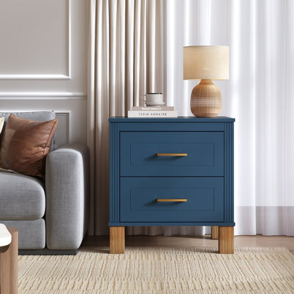 English Elm 2 Drawer Nightstand Fluted MDF Body Solid Wood Legs Sleek Metal Pulls Bedside Storage Navy Blue W1445P586097