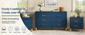 English Elm 2 Drawer Nightstand Fluted MDF Body Solid Wood Legs Sleek Metal Pulls Bedside Storage Navy Blue W1445P586097