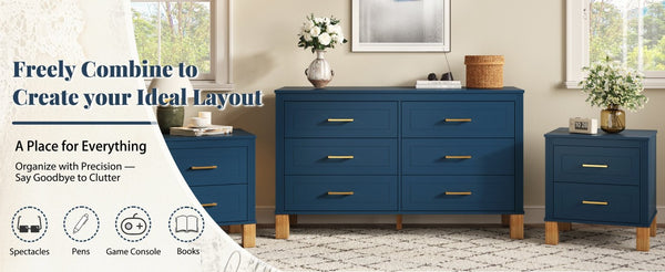 English Elm 2 Drawer Nightstand Fluted MDF Body Solid Wood Legs Sleek Metal Pulls Bedside Storage Navy Blue W1445P586097