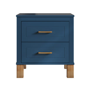 English Elm 2 Drawer Nightstand Fluted MDF Body Solid Wood Legs Sleek Metal Pulls Bedside Storage Navy Blue W1445P586097