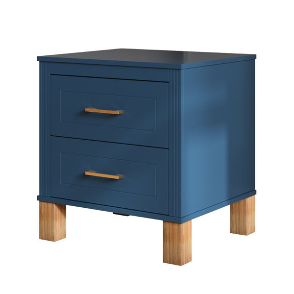 English Elm 2 Drawer Nightstand Fluted MDF Body Solid Wood Legs Sleek Metal Pulls Bedside Storage Navy Blue W1445P586097