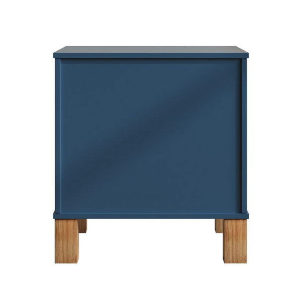English Elm 2 Drawer Nightstand Fluted MDF Body Solid Wood Legs Sleek Metal Pulls Bedside Storage Navy Blue W1445P586097