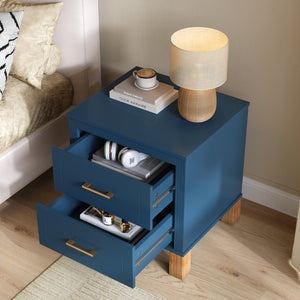 English Elm 2 Drawer Nightstand Fluted MDF Body Solid Wood Legs Sleek Metal Pulls Bedside Storage Navy Blue W1445P586097