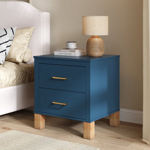 English Elm 2 Drawer Nightstand Fluted MDF Body Solid Wood Legs Sleek Metal Pulls Bedside Storage Navy Blue W1445P586097