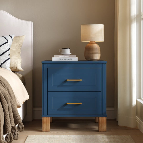 English Elm 2 Drawer Nightstand Fluted MDF Body Solid Wood Legs Sleek Metal Pulls Bedside Storage Navy Blue W1445P586097