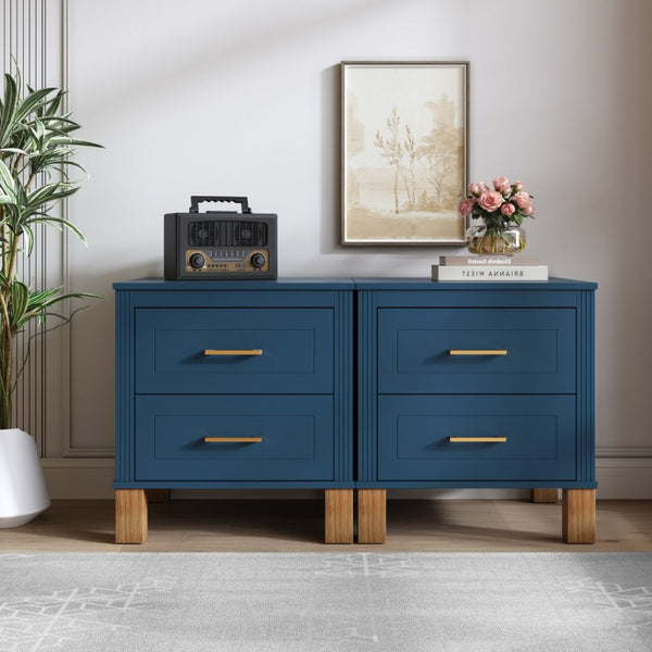 English Elm 2 Drawer Nightstand Fluted MDF Body Solid Wood Legs Sleek Metal Pulls Bedside Storage Navy Blue W1445P586097