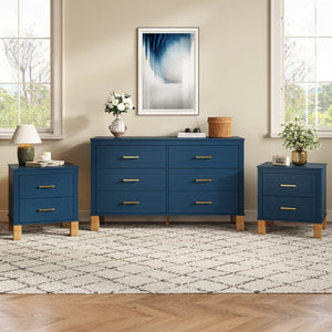 English Elm 2 Drawer Nightstand Fluted MDF Body Solid Wood Legs Sleek Metal Pulls Bedside Storage Navy Blue W1445P586097