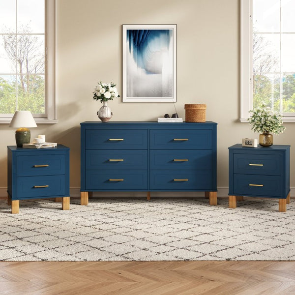 English Elm 2 Drawer Nightstand Fluted MDF Body Solid Wood Legs Sleek Metal Pulls Bedside Storage Navy Blue W1445P586097