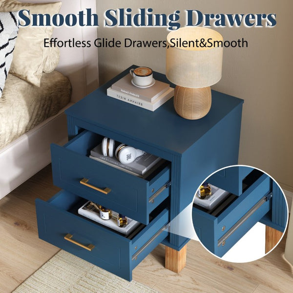 English Elm 2 Drawer Nightstand Fluted MDF Body Solid Wood Legs Sleek Metal Pulls Bedside Storage Navy Blue W1445P586097