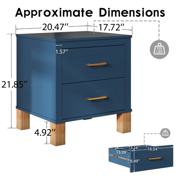 English Elm 2 Drawer Nightstand Fluted MDF Body Solid Wood Legs Sleek Metal Pulls Bedside Storage Navy Blue W1445P586097