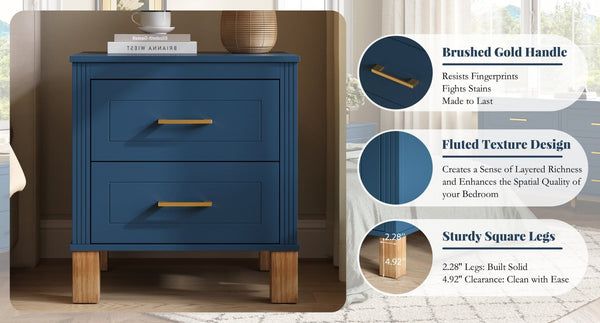 English Elm 2 Drawer Nightstand Fluted MDF Body Solid Wood Legs Sleek Metal Pulls Bedside Storage Navy Blue W1445P586097