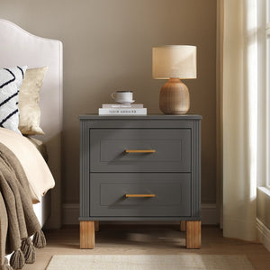 English Elm 2 Drawer Nightstand Fluted MDF Body Solid Wood Legs Sleek Metal Pulls Bedside Storage Matte Gray W1445P586098