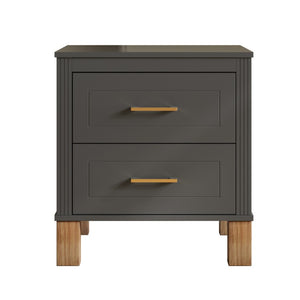English Elm 2 Drawer Nightstand Fluted MDF Body Solid Wood Legs Sleek Metal Pulls Bedside Storage Matte Gray W1445P586098