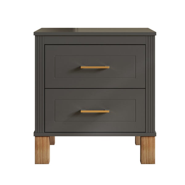 English Elm 2 Drawer Nightstand Fluted MDF Body Solid Wood Legs Sleek Metal Pulls Bedside Storage Matte Gray W1445P586098