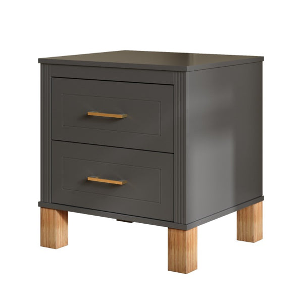 English Elm 2 Drawer Nightstand Fluted MDF Body Solid Wood Legs Sleek Metal Pulls Bedside Storage Matte Gray W1445P586098
