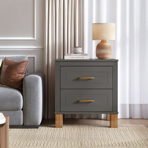 English Elm 2 Drawer Nightstand Fluted MDF Body Solid Wood Legs Sleek Metal Pulls Bedside Storage Matte Gray W1445P586098