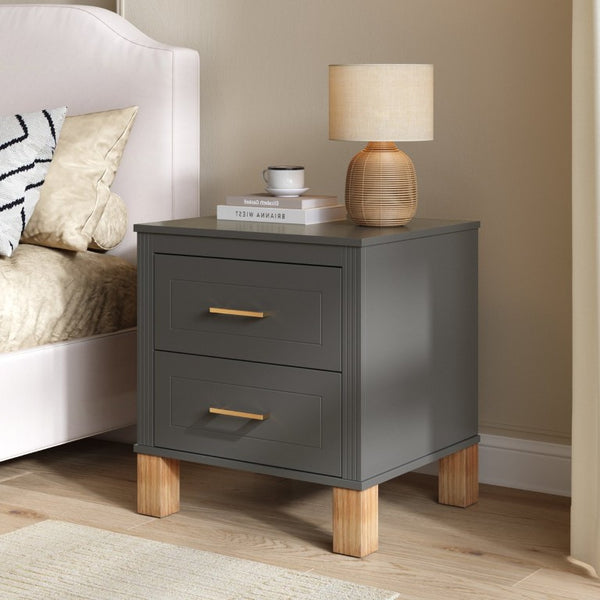 English Elm 2 Drawer Nightstand Fluted MDF Body Solid Wood Legs Sleek Metal Pulls Bedside Storage Matte Gray W1445P586098
