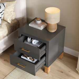 English Elm 2 Drawer Nightstand Fluted MDF Body Solid Wood Legs Sleek Metal Pulls Bedside Storage Matte Gray W1445P586098