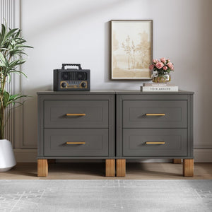 English Elm 2 Drawer Nightstand Fluted MDF Body Solid Wood Legs Sleek Metal Pulls Bedside Storage Matte Gray W1445P586098