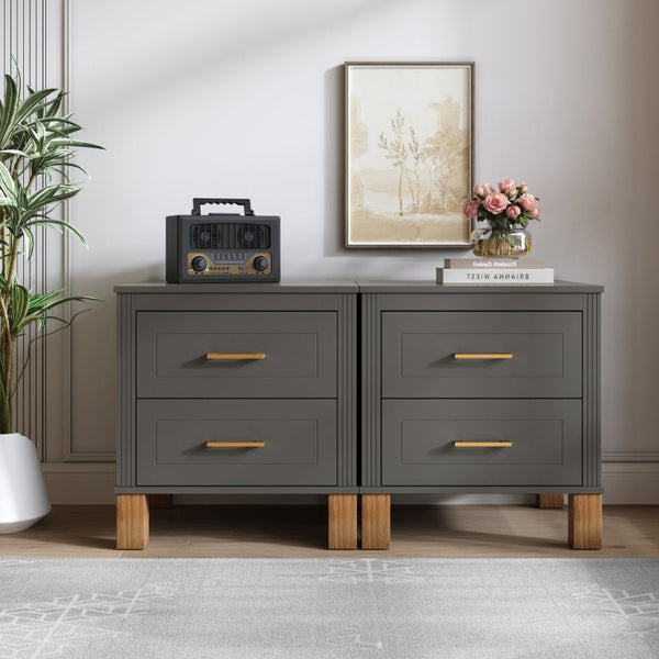 English Elm 2 Drawer Nightstand Fluted MDF Body Solid Wood Legs Sleek Metal Pulls Bedside Storage Matte Gray W1445P586098