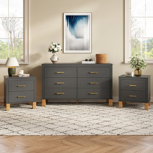 English Elm 2 Drawer Nightstand Fluted MDF Body Solid Wood Legs Sleek Metal Pulls Bedside Storage Matte Gray W1445P586098