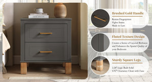 English Elm 2 Drawer Nightstand Fluted MDF Body Solid Wood Legs Sleek Metal Pulls Bedside Storage Matte Gray W1445P586098