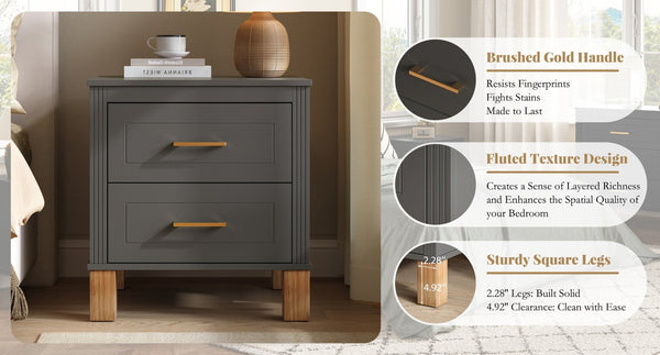 English Elm 2 Drawer Nightstand Fluted MDF Body Solid Wood Legs Sleek Metal Pulls Bedside Storage Matte Gray W1445P586098