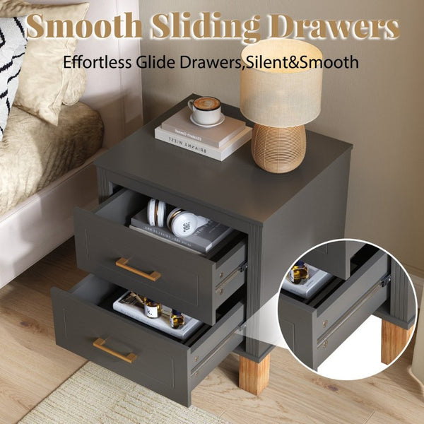 English Elm 2 Drawer Nightstand Fluted MDF Body Solid Wood Legs Sleek Metal Pulls Bedside Storage Matte Gray W1445P586098