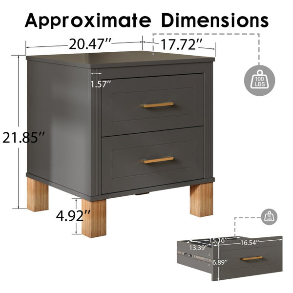 English Elm 2 Drawer Nightstand Fluted MDF Body Solid Wood Legs Sleek Metal Pulls Bedside Storage Matte Gray W1445P586098