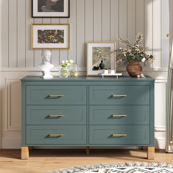 English Elm 6-drawer Double Dresser Solid Wood Legs Mid-century Modern Blue Bedroom Storage Chest W1445S00004