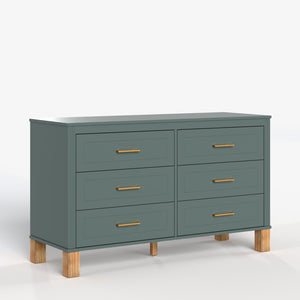 English Elm 6-drawer Double Dresser Solid Wood Legs Mid-century Modern Blue Bedroom Storage Chest W1445S00004