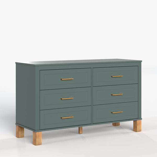 English Elm 6-drawer Double Dresser Solid Wood Legs Mid-century Modern Blue Bedroom Storage Chest W1445S00004