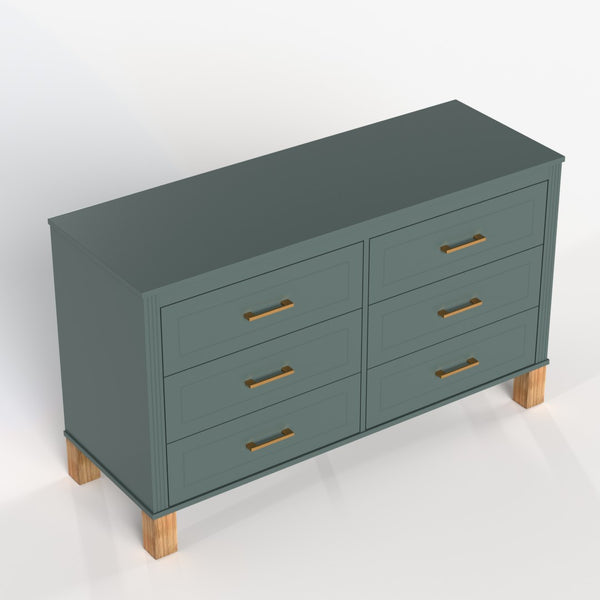 English Elm 6-drawer Double Dresser Solid Wood Legs Mid-century Modern Blue Bedroom Storage Chest W1445S00004