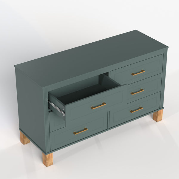 English Elm 6-drawer Double Dresser Solid Wood Legs Mid-century Modern Blue Bedroom Storage Chest W1445S00004