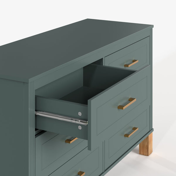 English Elm 6-drawer Double Dresser Solid Wood Legs Mid-century Modern Blue Bedroom Storage Chest W1445S00004