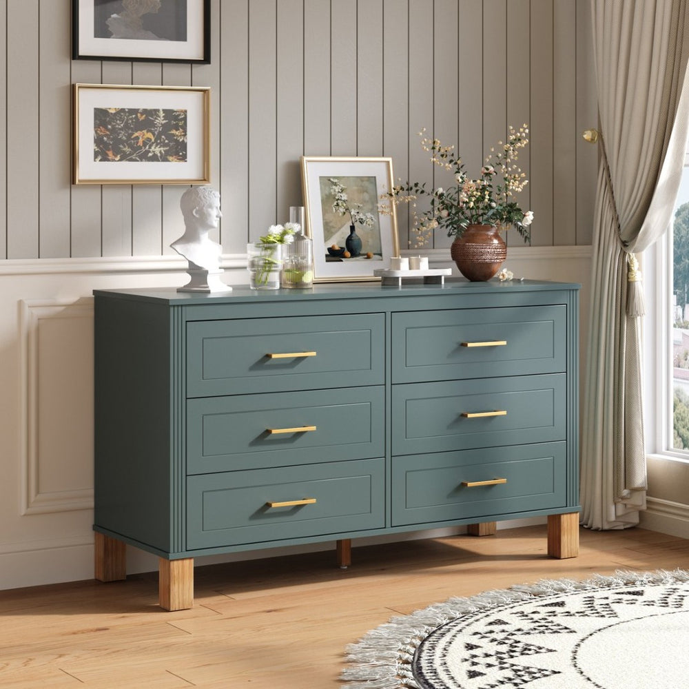 English Elm 6-drawer Double Dresser Solid Wood Legs Mid-century Modern Blue Bedroom Storage Chest W1445S00004