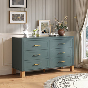 English Elm 6-drawer Double Dresser Solid Wood Legs Mid-century Modern Blue Bedroom Storage Chest W1445S00004