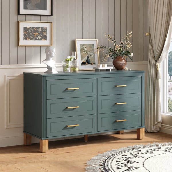 English Elm 6-drawer Double Dresser Solid Wood Legs Mid-century Modern Blue Bedroom Storage Chest W1445S00004