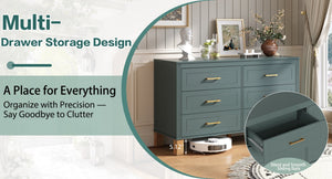 English Elm 6-drawer Double Dresser Solid Wood Legs Mid-century Modern Blue Bedroom Storage Chest W1445S00004