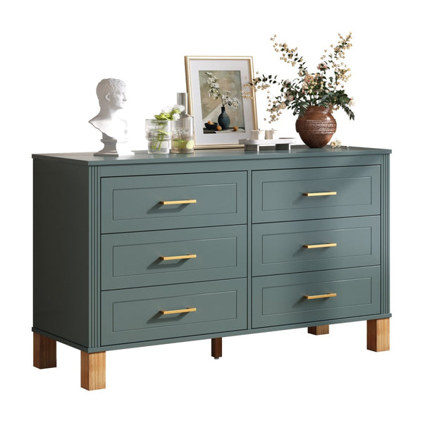 English Elm 6-drawer Double Dresser Solid Wood Legs Mid-century Modern Blue Bedroom Storage Chest W1445S00004
