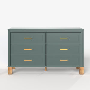 English Elm 6-drawer Double Dresser Solid Wood Legs Mid-century Modern Blue Bedroom Storage Chest W1445S00004